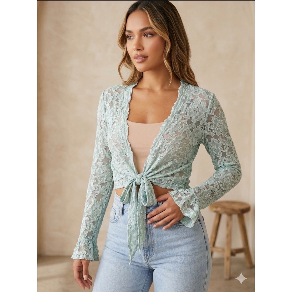 Moda Blue Sheer Floral Lace Crop Top cottage core romantic, bell sleeves #13